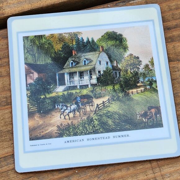 Vintage Currier & Ives Hometown Season Pictorial Collage Coaster Set Cork Back - Picture 3 of 9